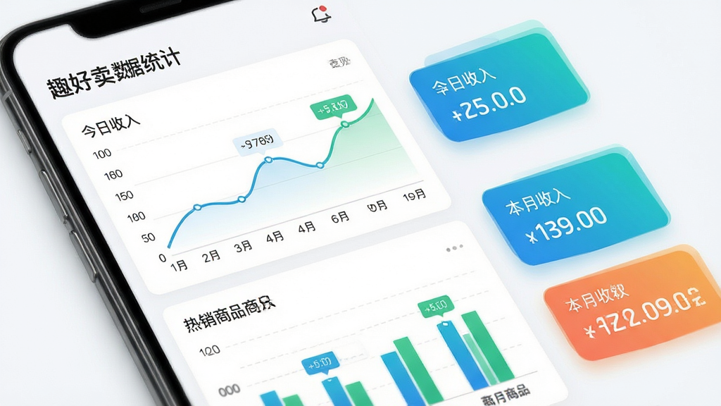 趣好卖数据统计页面,手机屏幕显示收入折线图和热销商品柱状图,图表配色清爽,数据标签清晰。旁边有“今日收入”“本月收入”等数字卡片。整体风格简洁商务,背景干净,画质清晰锐利。