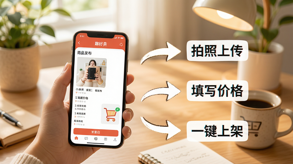 趣好卖新手操作指引图,画面中一只手拿着手机,屏幕显示趣好卖的商品发布页面,旁边有箭头标注“拍照上传”“填写价格”“一键上架”三个步骤。背景是温馨的桌面环境,风格亲切自然,画质清晰,无杂乱元素。