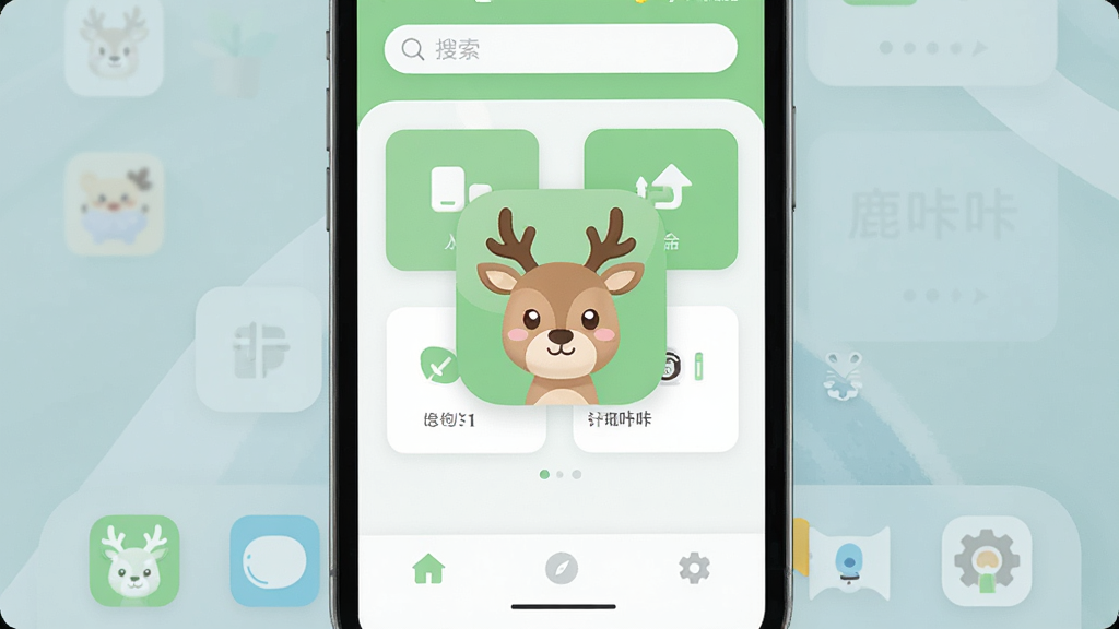 一张手机屏幕特写,屏幕中央显示“鹿咔咔”App的图标和主界面,图标是可爱的鹿头造型,界面以浅绿色和白色为主色调,顶部有搜索栏,中间是功能卡片式布局,底部有三个导航按钮,背景是干净的桌面壁纸,风格清新扁平化,画质清晰,无多余元素