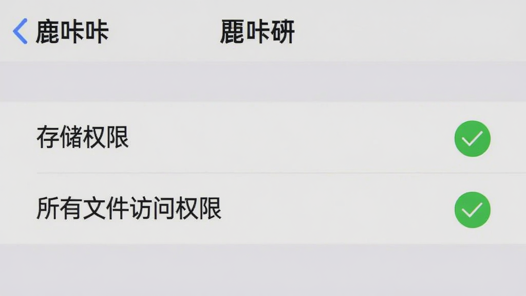 一张手机截图,展示“鹿咔咔”App的权限设置界面,界面中有“存储权限”和“所有文件访问权限”两个选项,旁边有绿色对勾表示已开启,背景是手机系统设置页面,风格简洁明了