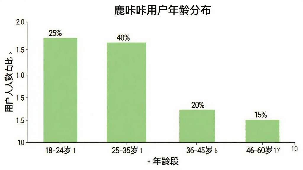 一张柱状图,横轴是年龄段,纵轴是用户人数占比,数据为:18-24岁占25%,25-35岁占40%,36-45岁占20%,46-60岁占15%,图表标题为“鹿咔咔用户年龄分布”,背景白色,柱子颜色为浅绿色,风格简洁清晰