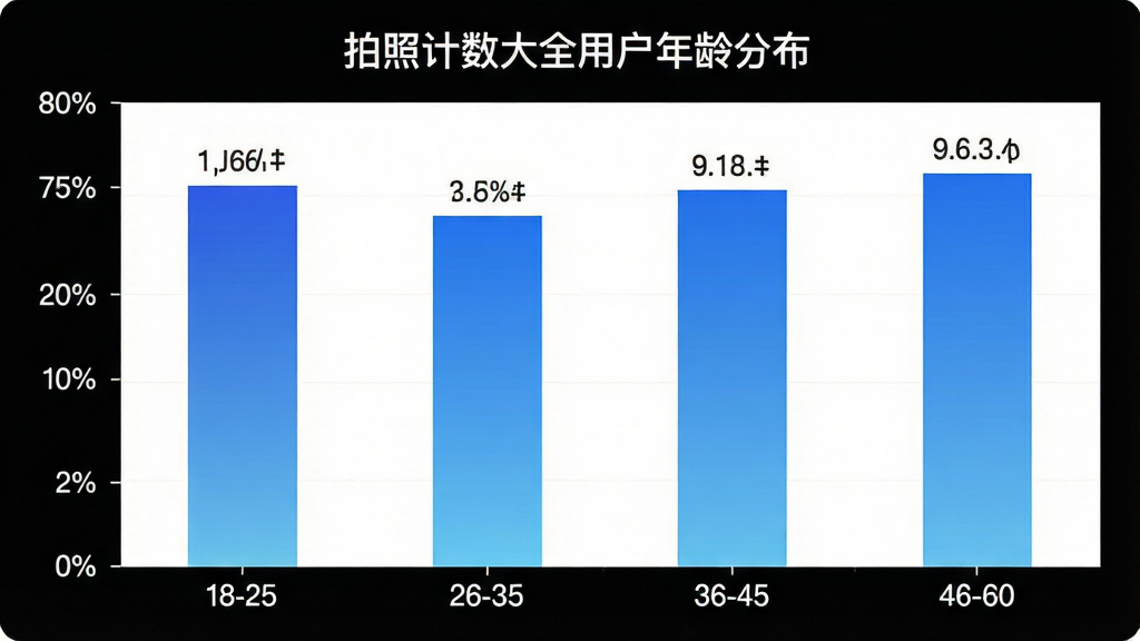 拍照计数大全用户年龄分布柱状图,画面显示横轴为年龄段18-25、26-35、36-45、46-60,纵轴为用户占比百分比,柱状图颜色为蓝色渐变,顶部标题为“拍照计数大全用户年龄分布”,主体是图表,布局居中,排版清晰,风格数据可视化,细节显示各年龄段柱子和百分比数字,画质干净,无多余元素