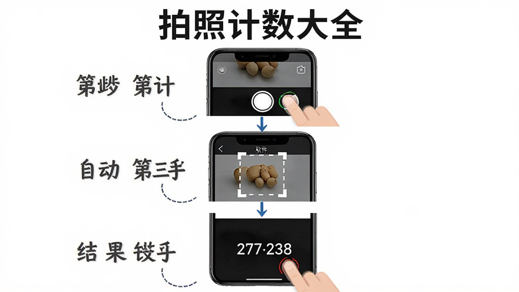 拍照计数大全新手操作示意图,画面展示手机屏幕从上到下三个步骤,第一步点击拍照按钮,第二步软件自动框选物体,第三步显示计数结果,顶部有“拍照计数大全”标题,主体是手机界面分步展示,布局为垂直流程,排版清晰,风格教程图解,细节显示手指点击动作和数字变化,画质干净,无多余元素