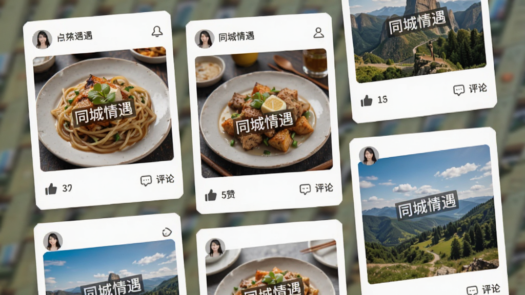 动态广场页面展示,用户发布的美食和风景照片卡片,带有“同城情遇”水印,点赞评论图标清晰,界面排版错落有致,风格生活化,画质干净