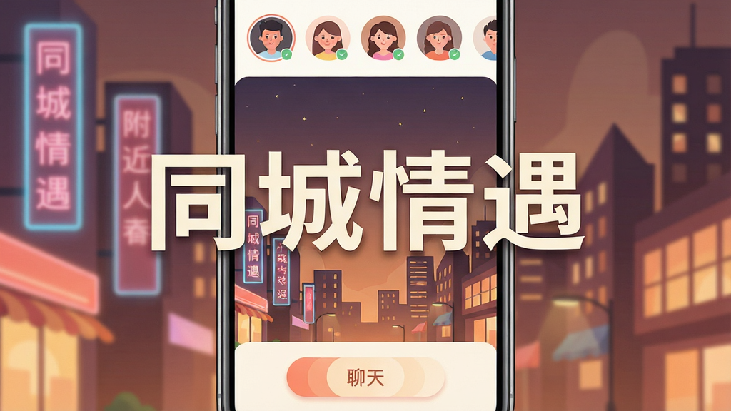 一张手机屏幕展示界面,屏幕中央醒目显示“同城情遇”四个大字,背景是温馨的城市夜景插画,有霓虹灯和楼宇轮廓,界面布局简洁,上方有附近的人头像列表,下方有聊天按钮,整体风格温暖亲切,扁平化设计,色彩柔和,画质干净清晰,无多余元素