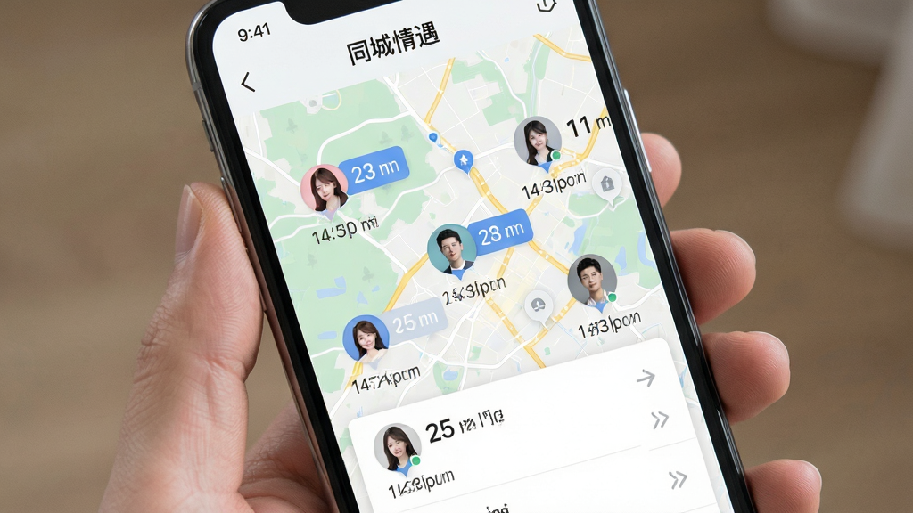 手机界面展示“同城情遇”附近的人列表,地图背景上有多个用户头像气泡,距离标注清晰,风格清新明亮,布局整齐,画质干净
