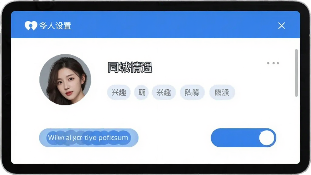 个人资料设置页面,显示“同城情遇”用户头像、兴趣标签和隐私开关按钮,界面布局清晰,蓝白配色,风格简洁现代,画质干净无多余元素