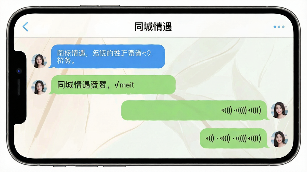 手机聊天界面截图,顶部显示“同城情遇”字样,对话气泡左右排列,有文字和语音消息,界面干净,背景淡雅,布局舒适,画质清晰