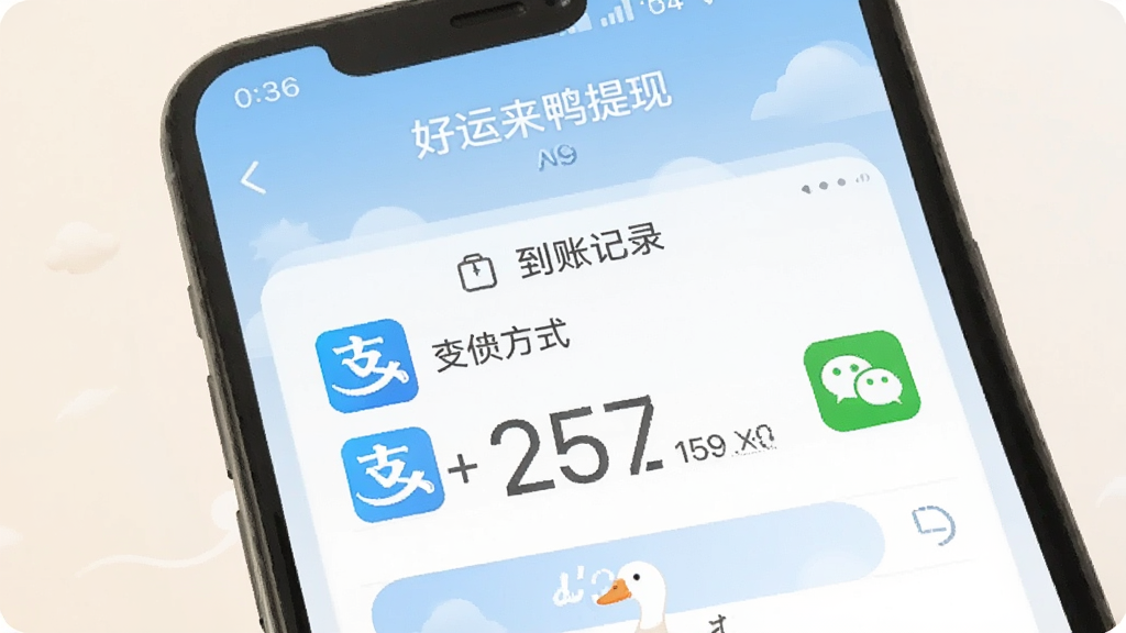 好运来鸭手机端提现页面截图风格,展示提现方式和到账记录,界面干净,有支付宝和微信图标,金额数字清晰,配色柔和