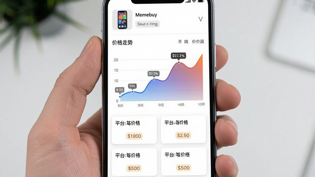一张展示Memebuy比价功能的界面截图,主体为手机屏幕显示价格走势曲线图和不同平台的价格对比列表,布局上顶部是商品缩略图,中间是折线图,下方是各平台价格卡片,排版简洁,风格为科技感扁平设计,细节上折线图有渐变填充、价格标签清晰,画质干净,无多余元素。