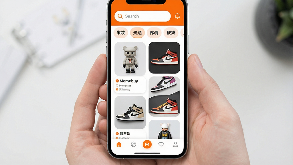 一张展示Memebuy应用主界面的详细图片,主体为手机屏幕显示Memebuy应用首页,布局上顶部有搜索栏和分类标签,中间是商品卡片瀑布流展示潮玩和球鞋,底部有导航栏,排版清晰整齐,风格为现代扁平化设计,细节上商品图片圆润、文字标签明确、配色以白色和亮橙色为主,画质干净清晰,无多余元素。
