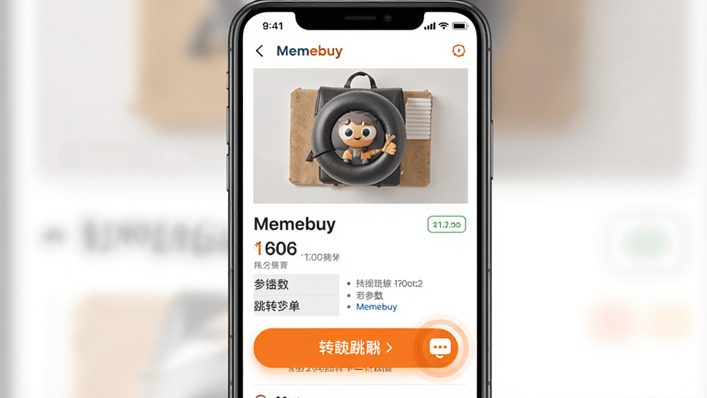 一张展示Memebuy一键跳转下单流程的图片,主体为手机屏幕显示商品详情页和一个醒目的跳转按钮,布局上顶部是商品大图,中间是价格和参数,底部是橙色跳转按钮,排版直观,风格为电商详情页常见布局,细节上按钮有微动效感、文字清晰,画质干净,无多余元素。