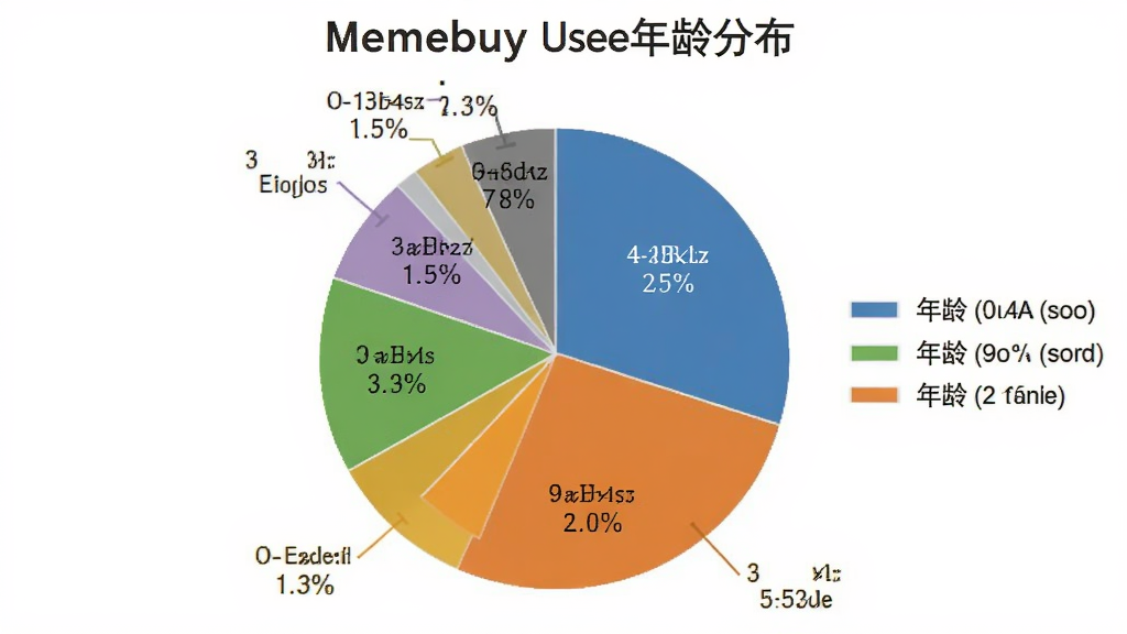 一张展示Memebuy用户年龄分布的饼状图,主体为饼状图图表,布局上图表居中,各扇区标注年龄段和百分比,排版简洁,风格为数据可视化常见样式,细节上颜色区分明显、图例清晰、数字可读,画质干净,无多余元素。