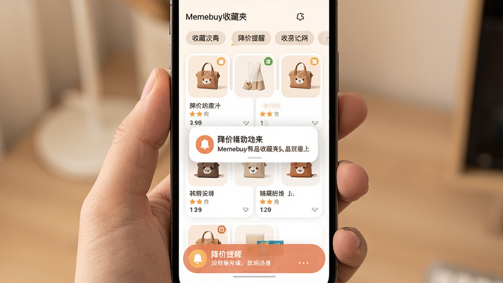 一张展示Memebuy收藏夹与降价提醒功能的图片,主体为手机屏幕显示收藏夹列表和一条降价通知弹窗,布局上顶部是分组标签,中间是商品卡片,底部是通知横幅,排版清晰,风格为温暖简约风,细节上商品卡片有圆角和小图标、通知横幅有铃铛图标,画质干净,无多余元素。