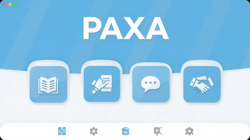 һ��չʾPAXA�����������ͼƬ�����岼�ּ�࣬��ǳ��ɫ�Ͱ�ɫΪ��ɫ����������������Ŀ��PAXA���ֱ�ʶ���м����������ż���Բ��ķ��ι���ͼ�꣬�ײ��ǵ��������������ִ���ƽ��ͼ��ϸ�ھ��£����廭�ʸɾ��������޶�������Ԫ�ء�