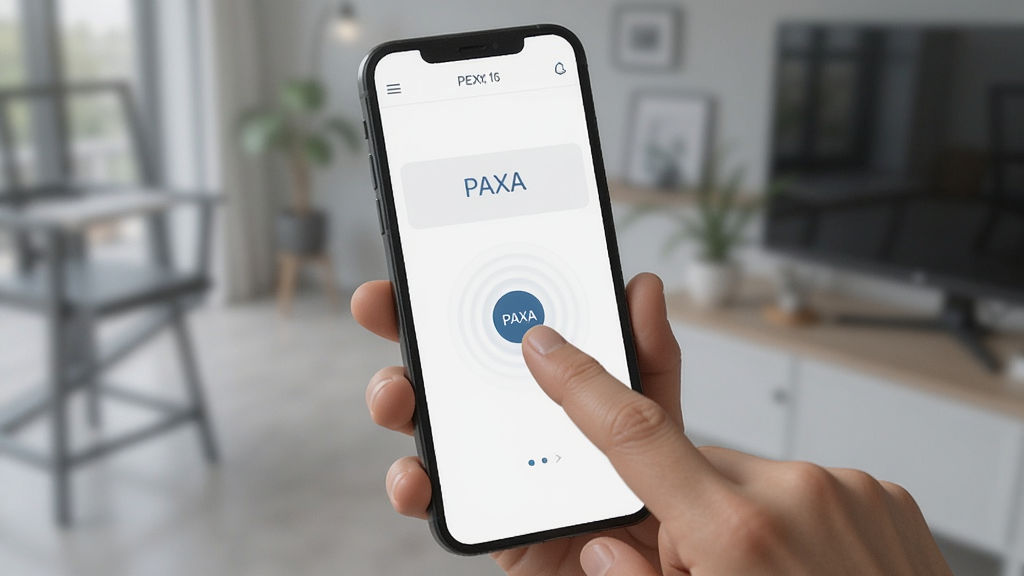 һ��չʾPAXA�����������̵�ͼƬ��������һֻ�������ֻ����ֻ���Ļ����ʾPAXA�ļ����棬��ָ�������Ļ�����Բ�ΰ�ť����Χ�е����ĵ��������Ч��������ģ�������ڻ�����������дʵ�Ҵ��пƼ��У���������������ͻ�����޶���Ԫ�ء�