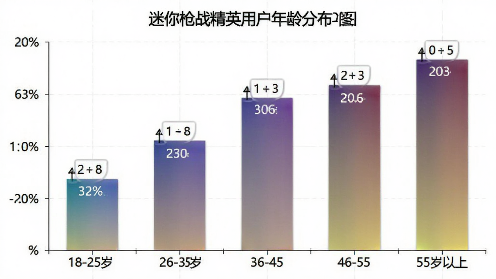 一张迷你枪战精英用户年龄分布柱状图,画面中展示五个年龄段的柱形数据,横轴标注18-25岁、26-35岁、36-45岁、46-55岁、55岁以上,纵轴标注用户占比百分比,布局采用标准柱状图排版,风格为简洁数据可视化风格,细节包括柱子的渐变色和数值标签,画质清晰干净,无多余元素