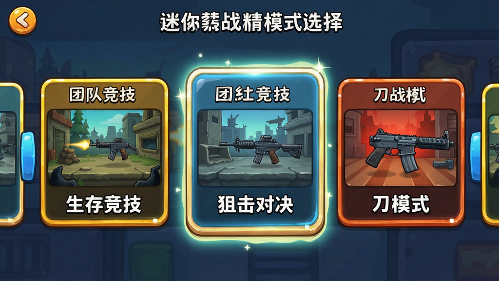 一张迷你枪战精英模式选择界面的详细画面,画面中展示多个模式入口卡片包括生存竞技、团队竞技、狙击对决和刀战模式,每个卡片上有对应的场景缩略图和模式名称,布局采用横向滑动轮播排版,风格为活泼卡通风格,细节包括卡片上的高光边框和选中状态的放大效果,画质清晰干净,无多余元素