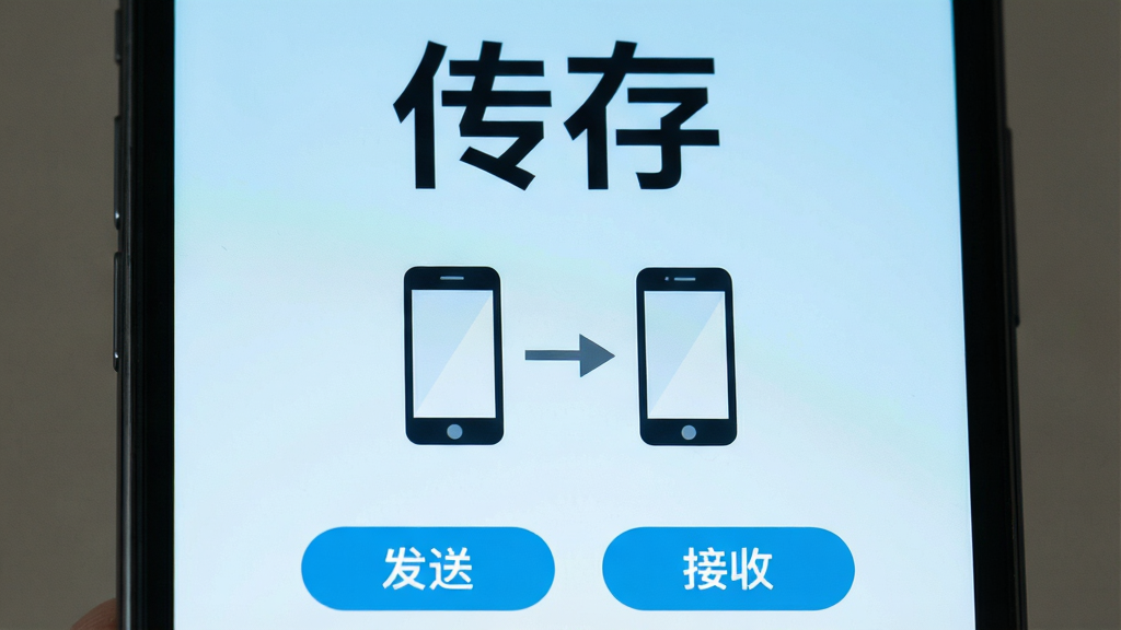 �ֻ���Ļ��д����������ʾһ�������ļ�������棬�����С����桱�������ֵ�Logo���м��������ֻ�֮���ü�ͷ���ӵ�ͼ���ʾ�������ײ��Ƿ��ͺͽ���������ť��������ǳ��ɫ���䣬��������ˬ�ɾ�����ƽ����ƣ��޶���װ��Ԫ�أ��������������ֱ�Ե����