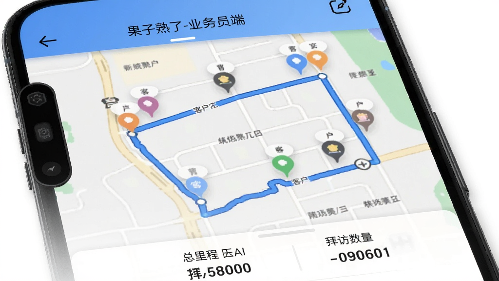 �ֻ���Ļ��ʾ����������-ҵ��Ա�ˡ���ͼ�켣ҳ�棬��ɫ������ע�����ܶ�·�ߣ���;�ж���ͻ���ǵ㣬�ײ���ʾ����̺Ͱݷ���������ͼ����࣬��������������Ԫ��