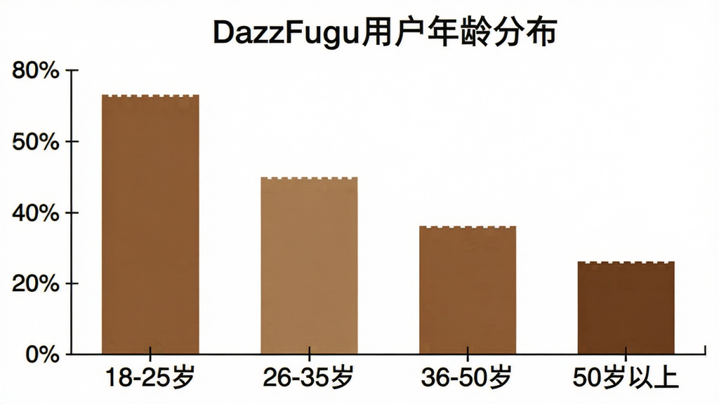 һ��չʾDazzFugu�û�����ֲ�����״ͼ��ͼ������Ϊ��DazzFugu�û�����ֲ���������Ϊ����Ρ�18-25�ꡢ26-35�ꡢ36-50�ꡢ50�����ϡ�������Ϊ�û�ռ�Ȱٷֱȣ���״ͼ��ɫΪ������ɫϵ������Ϊ��ɫ��ͼ��������������ֱ�ǩ��ȷ���޶���Ԫ��