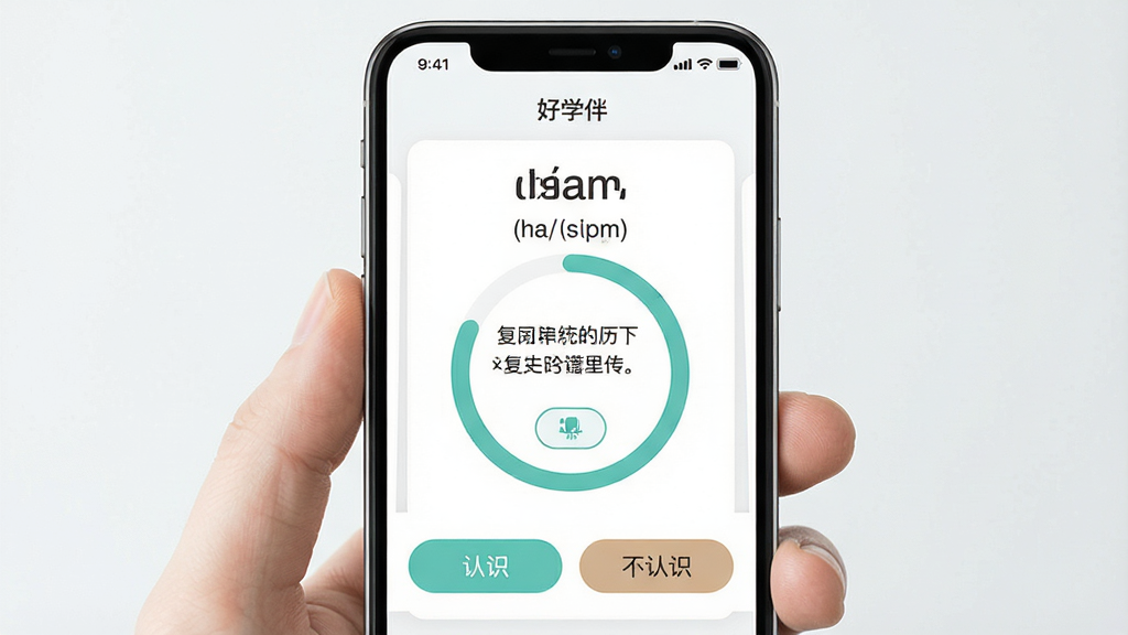 һ��չʾ����ѧ�顱App���ʼ��书�ܵ�ͼƬ���������ֻ���Ļ����ʾ���ʿ�Ƭ�͸�ϰ���Ȼ��������Ϸ��ǵ���ƴд�����꣬�м�������͸�����ť���·��ǡ���ʶ���͡�����ʶ������������ť���Ű�������������¼�Լ��ϸ�ھ��£����ʸɾ��޶���Ԫ��
