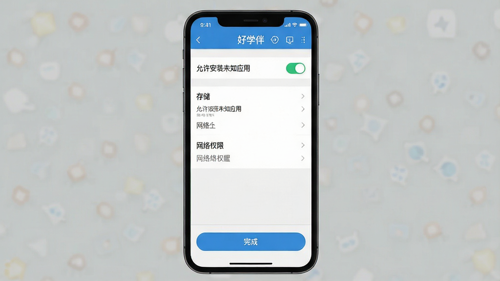 һ��չʾ����ѧ�顱App��װȨ�����ý����ͼƬ���������ֻ���Ļ����ʾӦ��Ȩ�޹���ҳ�棬�����Ϸ��ǡ�������װδ֪Ӧ�á����أ��м��Ǵ洢������Ȩ���б����·��ǡ���ɡ���ť���Ű�����������Լ��ϸ����ȷ�����ʸɾ��޶���Ԫ��
