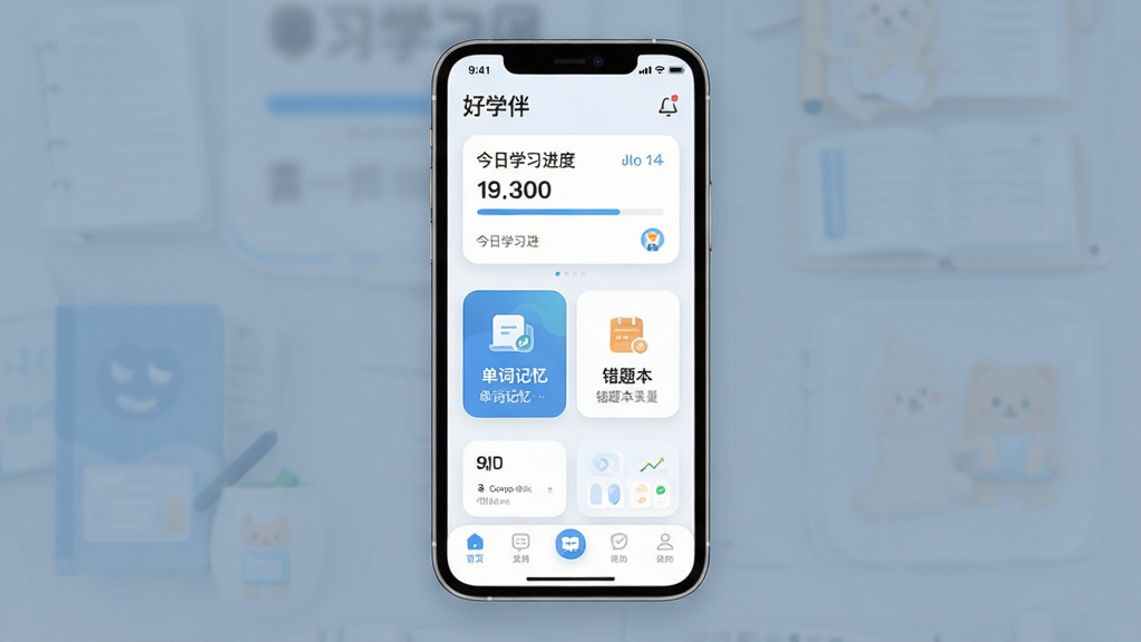 һ��չʾ����ѧ�顱App���Ľ����ͼƬ���������ֻ���Ļ����ʾ��ˬ��ѧϰ��ҳ�������Ϸ��ǽ���ѧϰ���ȿ�Ƭ���м��ǵ��ʼ���ʹ��Ȿ��ڣ��·��ǵײ����������Ű������׳��㣬����ִ���ƽ����ϸ��Բ����ͣ����ʸɾ������޶���Ԫ��