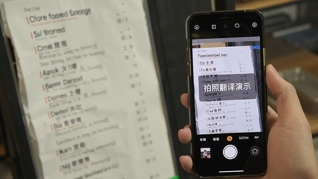 AI翻译机 拍照翻译功能演示 手机摄像头对着英文菜单 屏幕上显示翻译后的中文 风格写实 画质干净 无多余元素