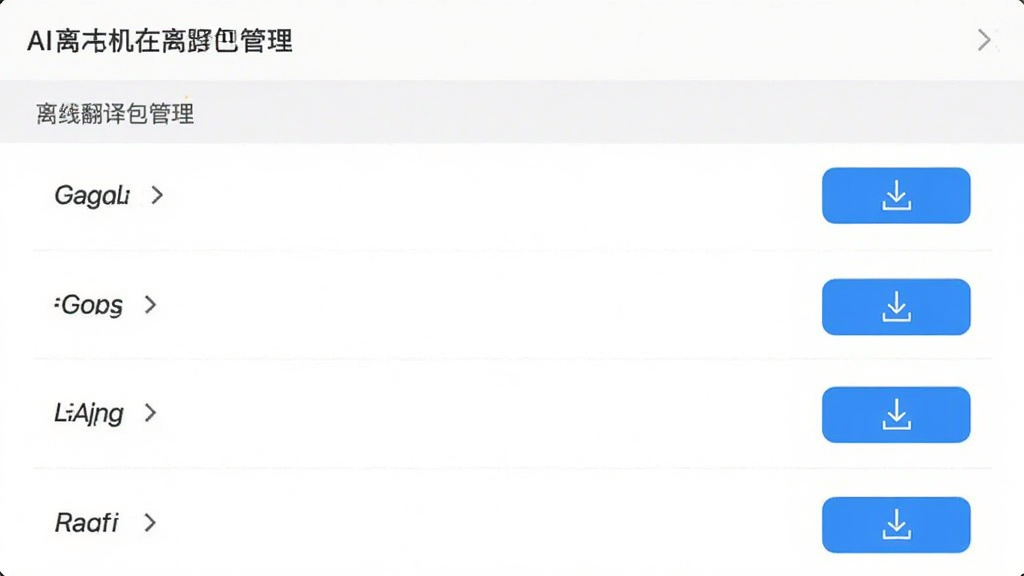 AI翻译机 离线翻译包管理界面 列表显示多种语言 旁边有下载按钮 风格简洁 画质干净 无多余元素