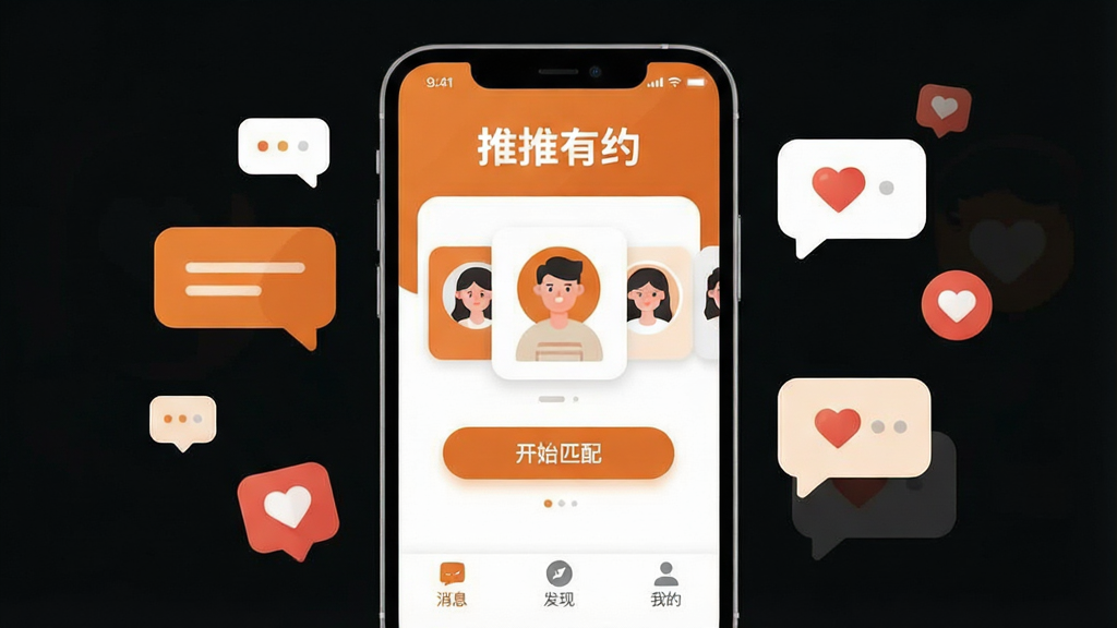 һ��չʾ������ԼApp����ȫò��ͼƬ�������������ֻ���Ļ����Ļ����ʾ������Լ��Logo�������棬������ů��ɫ�Ͱ�ɫΪ��ɫ���������С�������Լ���ĸ��֣��м����û�ͷ��Ƭ�͡���ʼƥ�䡱��ť���ײ�Ϊ��Ϣ�����֡��ҵ�����ѡ�����Χ�����Ŵ����罻�������������ݺͰ���ͼ�꣬����ִ���ƽ��ϸ��Բ�󣬻��ʸɾ����޶���Ԫ��