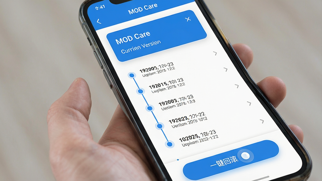 һ�š�MOD Care��Ӧ���ڰ汾����������ֻ���ͼ���������ֻ���Ļ��ʾģ��汾�б������ֶ���Ϊ��ǰ�汾��Ϣ��Ƭ���м�����ʷ�汾ʱ���ᣬÿ���ڵ���ʾ�汾�ź͸������ڣ��ײ���һ���ع���ť���Ű���������������Լ��ɫ����ϸ�ڰ���ʱ���������ߺͰ�ť΢��Ч�����ʸɾ��޶���Ԫ�ء�
