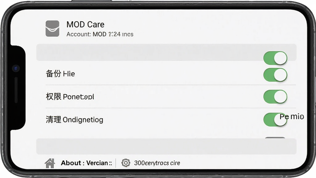 һ�š�MOD Care��Ӧ�������ý�����ֻ���ͼ���������ֻ���Ļ��ʾ�������ÿ��أ����ֶ���Ϊ�˻���Ϣ���м��Ǳ��ݡ�Ȩ�ޡ��������������б����ײ�Ϊ���ڰ汾�š��Ű���������������Լ��ɫ����ϸ�ڰ������ذ�ť���б��ָ��ߣ����ʸɾ��޶���Ԫ�ء�