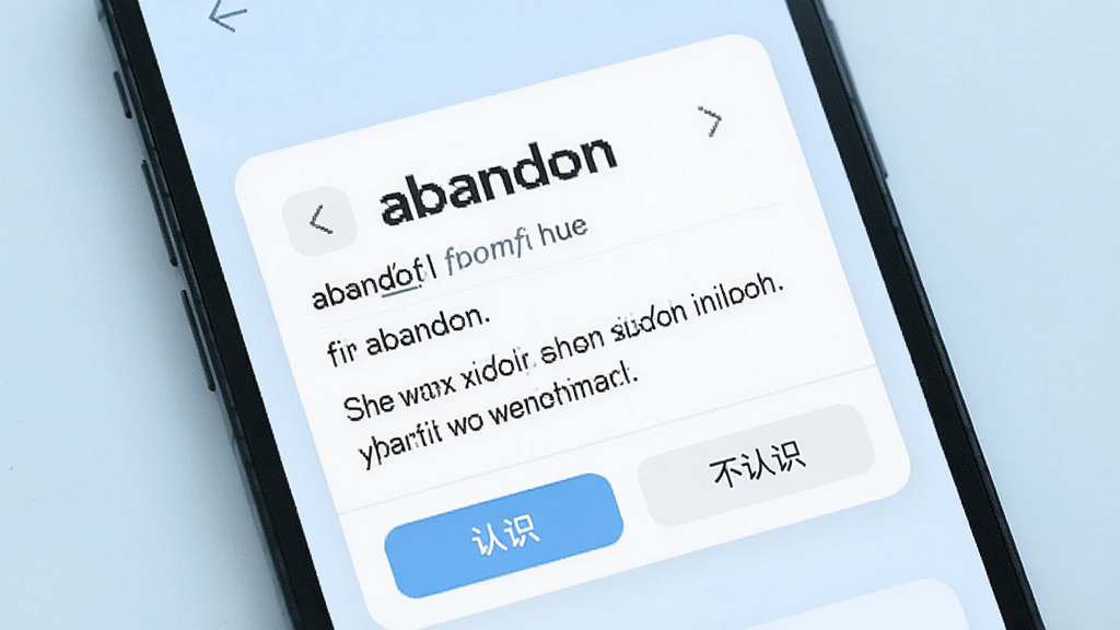һ���ֻ���Ļ��ʾӢ�ﵥ�ʿ�Ƭ���棬��Ƭ��д�š�abandon�����·�����������䣬�Ա��С���ʶ���͡�����ʶ��������ť�������ǵ���ɫ����������£����ʸɾ��޶���Ԫ��