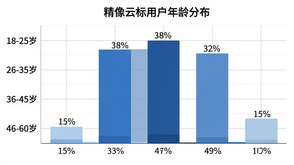 一张横向柱状图,标题为“精像云标用户年龄分布”。纵轴从上到下依次为“18-25岁”“26-35岁”“36-45岁”“46-60岁”,横轴为人数占比百分比。柱状条用不同深浅的蓝色表示,柱子上方标注具体百分比数值,分别为15%、38%、32%、15%。图表风格简洁商务,背景白色,网格线浅灰色,画质干净,无多余元素。