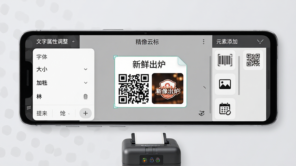 画面展示一部安卓手机的特写,手机屏幕上是“精像云标”的标签编辑界面,中间是一个正在编辑的标签,上面有文字“新鲜出炉”、一个二维码和店铺Logo图片。屏幕左侧是文字属性调整面板,显示字体、大小、加粗等选项。屏幕右侧是元素添加栏,有条形码、二维码、图片、日期等图标。背景是简洁的浅灰色,手机下方有一台小型标签打印机。布局为手机居中,两侧面板展开,风格现代科技感,细节清晰,画质干净,无多余元素。