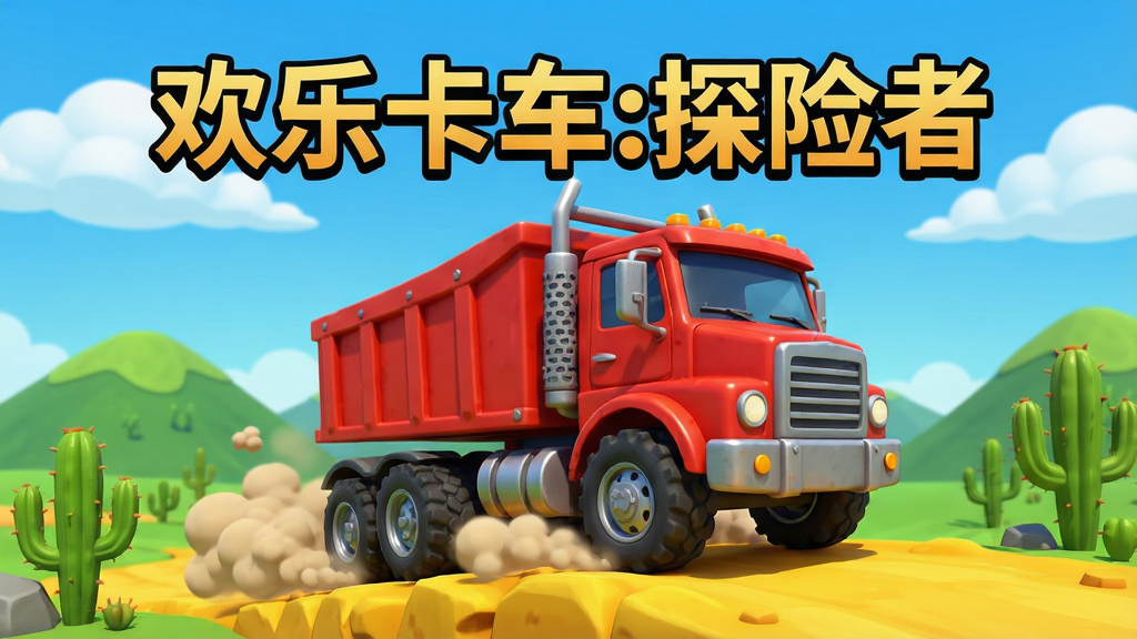 一张横版游戏宣传图,主体是一辆红色大卡车行驶在崎岖的黄色土路上,背景是蓝天白云和绿色山丘,画面中央用粗体字写着“欢乐卡车:探险者”,布局采用游戏海报风格,排版将游戏名称放在画面上方居中,风格是卡通3D渲染,细节包括卡车轮胎扬起的尘土和路边的仙人掌,画质清晰明亮,干净无多余元素