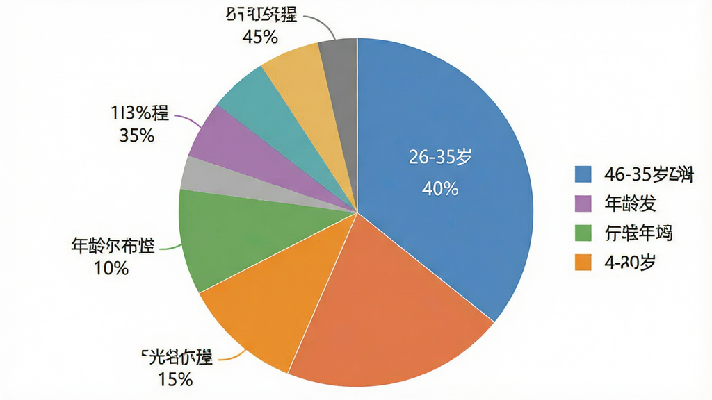 一张饼状图,主体是不同颜色扇形代表年龄分布比例,布局居中显示,排版将“26-35岁 40%”放在最大扇区,风格是扁平化数据可视化,细节包括清晰的图例标签和百分比数字,画质干净,无多余装饰