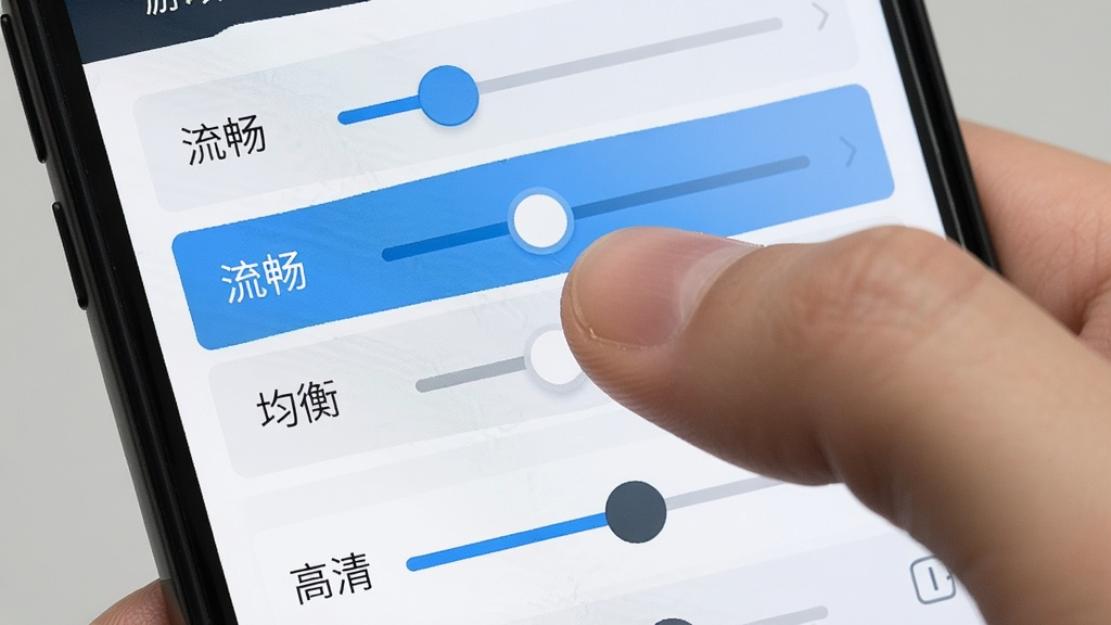 一张手机屏幕显示游戏设置菜单的图片,主体是画质调节滑块和音量控制条,布局是纵向列表形式,排版将“流畅”“均衡”“高清”三个选项清晰展示,风格是扁平化UI设计,细节包括右手拇指正在点击“流畅”选项,画质干净,无多余背景干扰