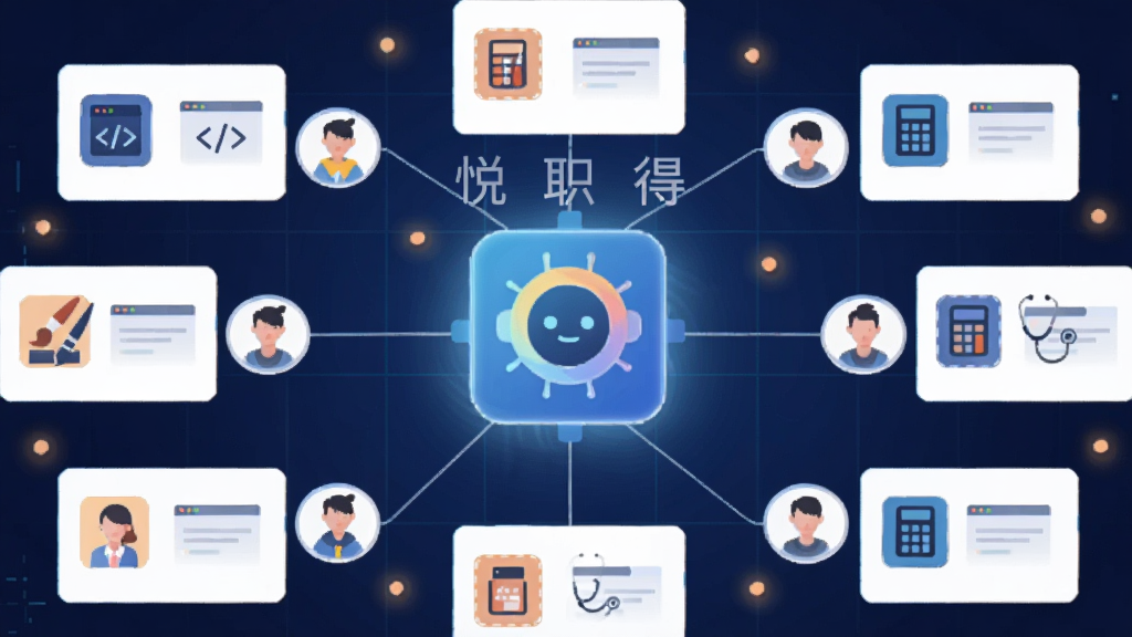 һ����ƽ�����Ĳ廭������������һ������������Ƽ�����ͼ�꣬ͼ����Χ�����Ÿ���ְλ��Ƭ��ÿ�ſ�Ƭ���в�ͬ��ְҵͼ�꣨����롢���ʡ����������������ȣ���һ����ϸ�߽��û�ͷ������ƥ��ļ��ſ�Ƭ��������������������ɫ�Ƽ������񣬵�׺����͵ĳ�ɫ��㡣��������Ŀ����ʾ����ְ�á������֡��������ִ�����࣬���ʸɾ����޶���װ�Ρ�
