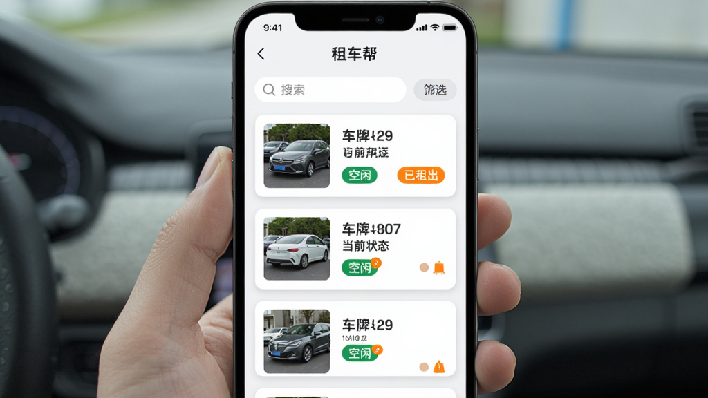�ֻ���Ļ��ʾ���⳵�App�ĳ����б�ҳ�棬����ǳ�������ͼ���Ҳ���ʾ���ƺš���ǰ״̬��ǩ����ɫ�����С�����ɫ�������������ҳ�涥�����������ɸѡ��ť������Ϊǳɫ����Ƭʽ���֣�ÿ����Ƭ����΢����Ӱ������ִ���࣬������������������Ϣ��