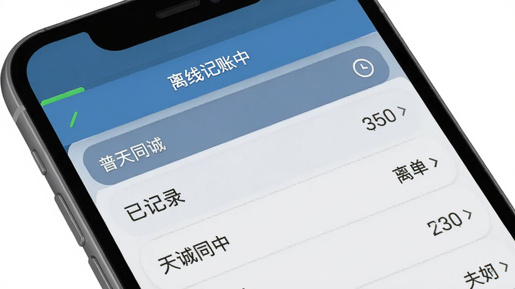 手机展示普天同诚的离线模式界面,主体是手机屏幕上方显示“离线记账中”状态栏,中间是已记录的账单列表,布局简洁明了,风格扁平化设计,蓝灰配色,细节清晰,画质干净无多余元素