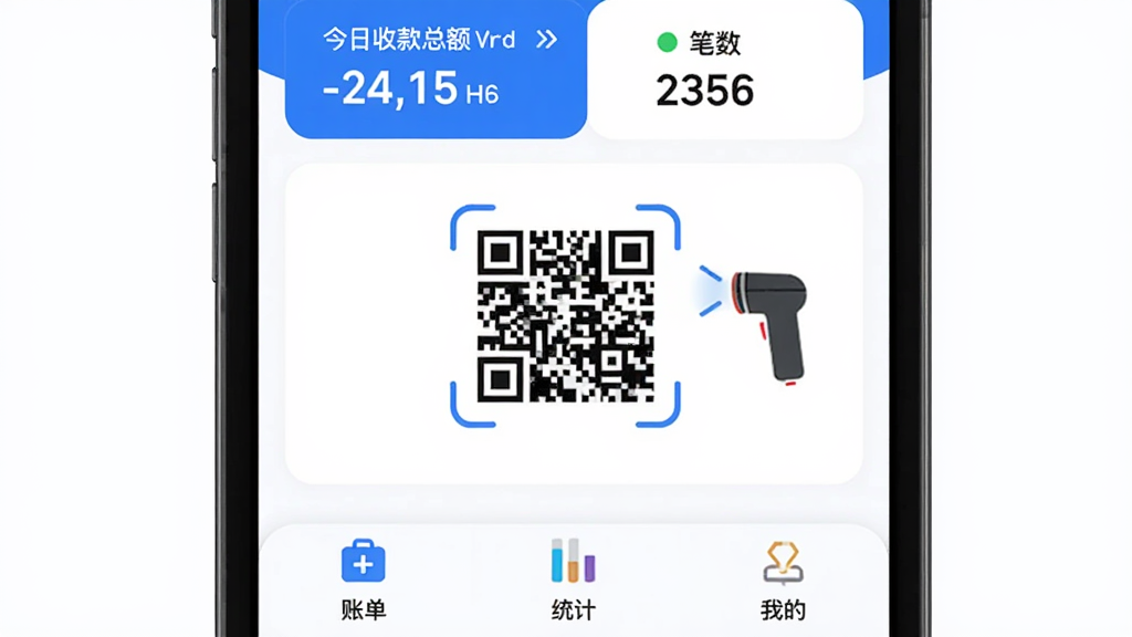 软件主界面展示,主体是手机屏幕上的普天同诚应用,布局顶部显示今日收款总额和笔数,中间是收款二维码和扫码枪图标,底部为账单、统计和我的三个选项卡,风格现代扁平化,蓝白配色,细节圆润,画质干净清晰,无多余元素