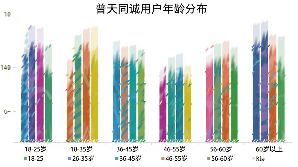 柱状图展示普天同诚用户年龄分布,主体是六个彩色柱子分别代表18-25岁、26-35岁、36-45岁、46-55岁、56-60岁、60岁以上年龄段,布局横向排列,风格数据可视化,配色鲜明,细节清晰,画质干净无多余装饰