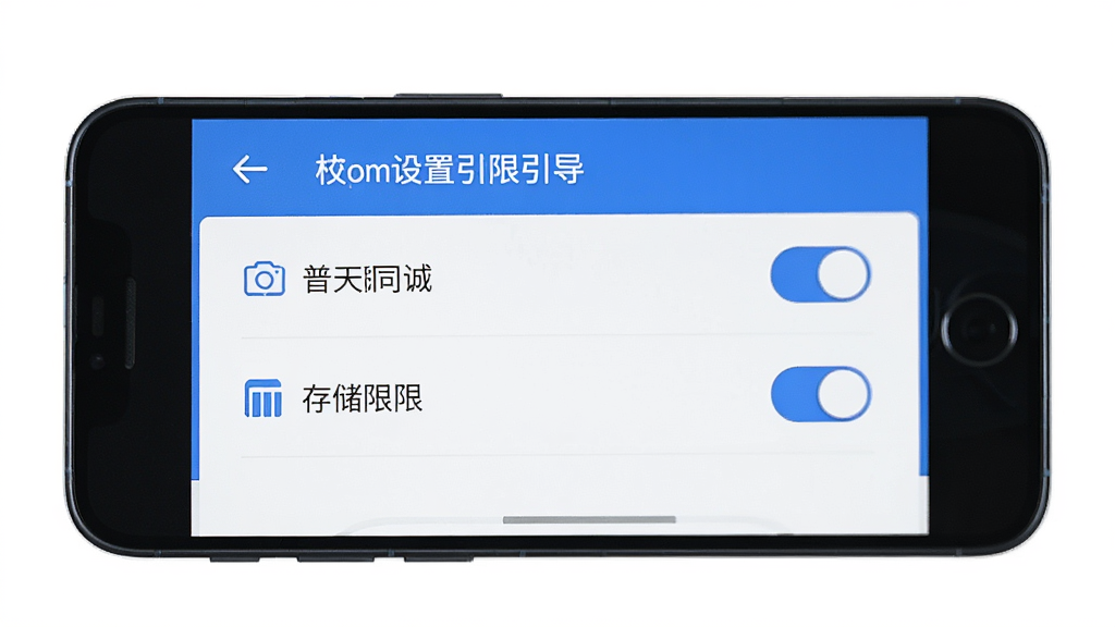 手机展示普天同诚的权限设置引导页面,主体是手机屏幕显示相机和存储权限开关,布局列表式排列,风格简洁引导型,蓝白配色,细节清晰,画质干净无多余元素
