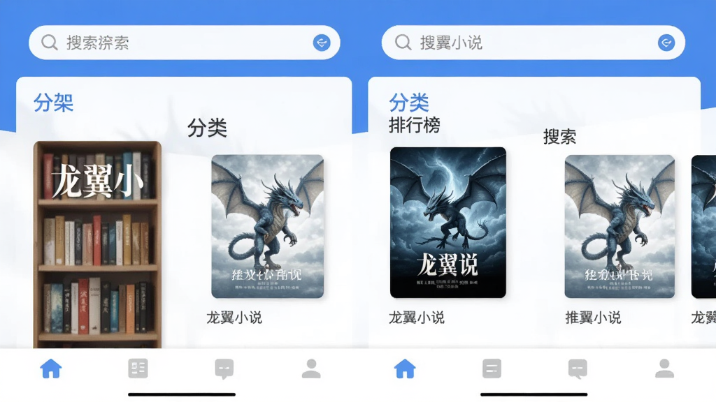 龙翼小说 手机应用主界面 展示 书架 分类 排行榜 搜索 四大板块 顶部搜索栏 中间推荐书封 底部导航栏 扁平化设计 蓝白配色 干净清爽 画质细腻 无多余元素
