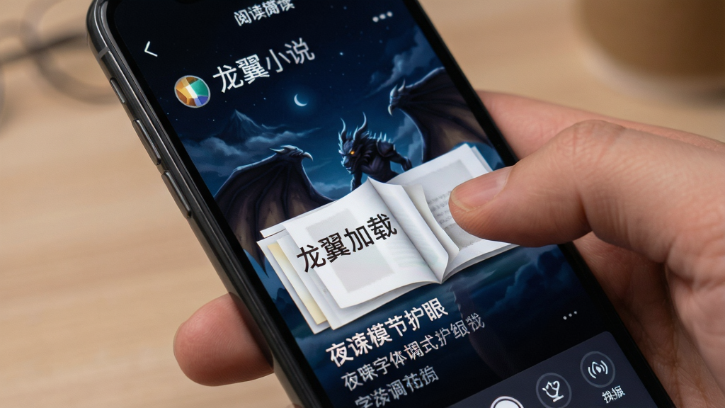 龙翼小说 阅读界面 展示 极速加载 翻页动画 夜间模式 护眼背景 字体调节 排版整洁 手机屏幕特写 画质清晰 无杂乱元素