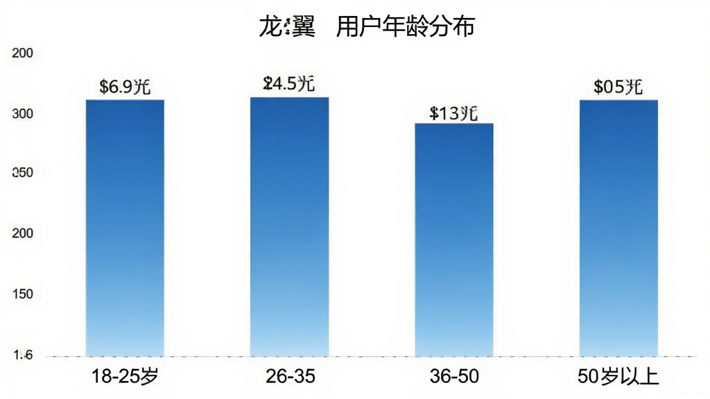 龙翼小说 用户年龄分布柱状图 展示 18-25岁 26-35岁 36-50岁 50岁以上 四个年龄段占比 柱状图 蓝色渐变 数据标签清晰 简约商务风格 画质干净