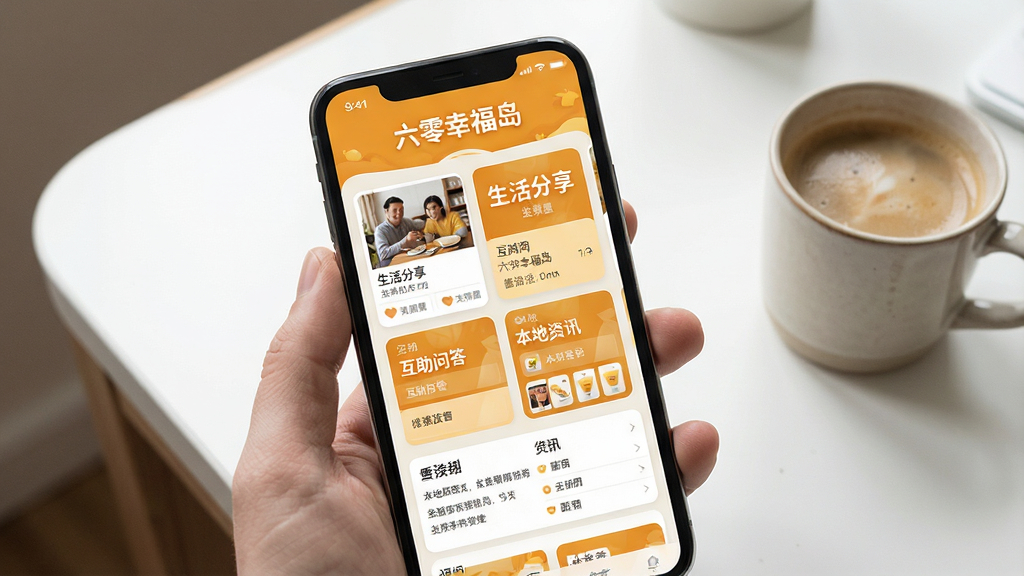 一张展示六零幸福岛主界面的手机屏幕实拍图,画面中心是手机,屏幕显示六零幸福岛APP的首页,顶部有“六零幸福岛”文字,界面以温暖的橙黄色调为主,页面布局清晰,有生活分享、互助问答、本地资讯等卡片模块,背景是干净的书桌,旁边有一杯咖啡,整体风格温馨真实,画质清晰干净,无多余元素