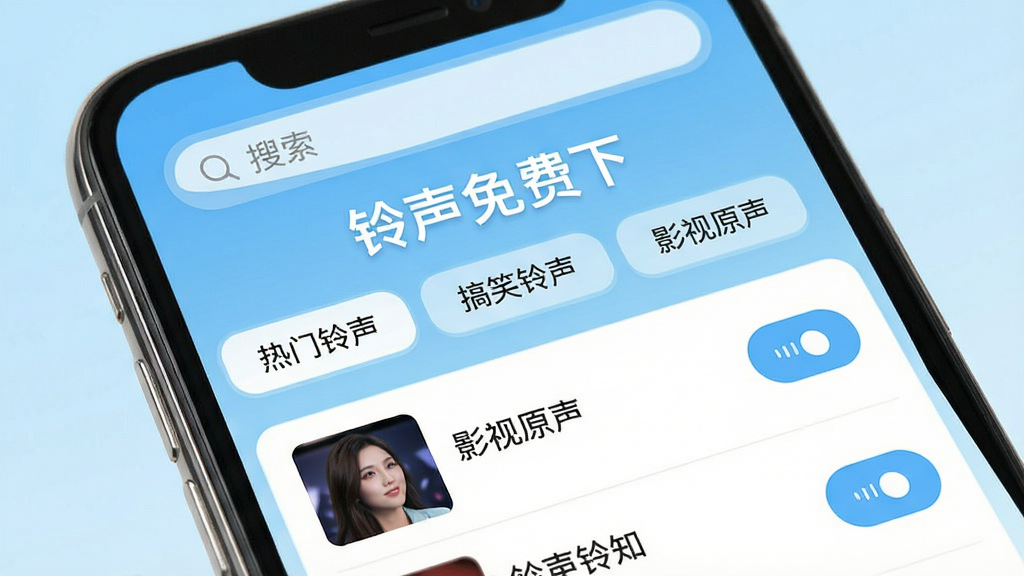 手机屏幕特写,界面显示“铃声免费下”App首页,顶部搜索栏,中间分类标签如“热门铃声”“搞笑铃声”“影视原声”,下方列表展示铃声名称和试听按钮,背景为浅蓝色渐变,风格简洁现代,细节清晰,画质干净,无多余元素